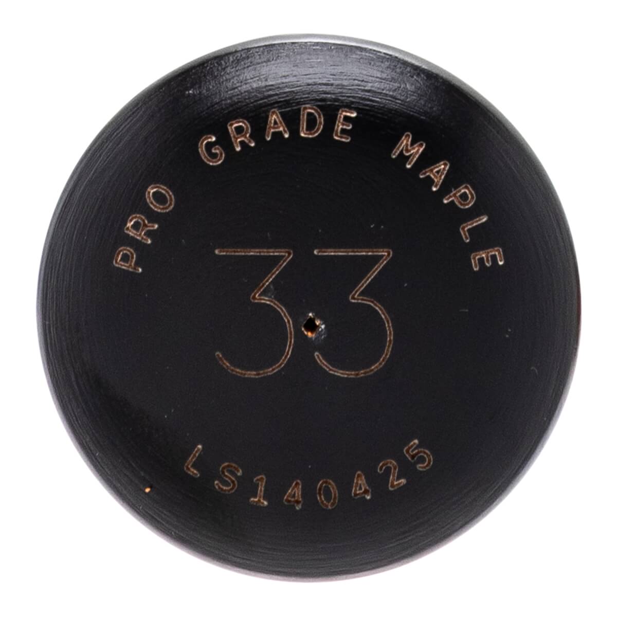 Top-down view of a black baseball bat end with PRO GRADE MAPLE text, large 3.3 with a small hole, and LS140425 text.