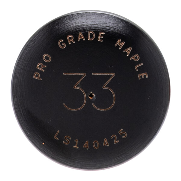 Top-down view of a black baseball bat end with PRO GRADE MAPLE text, large 3.3 with a small hole, and LS140425 text.