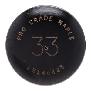 Top-down view of a black baseball bat end with PRO GRADE MAPLE text, large 3.3 with a small hole, and LS140425 text.