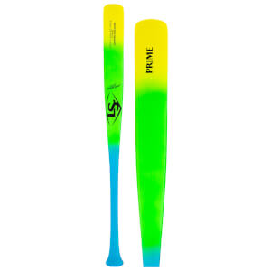 Side view of a Louisville Slugger Prime baseball bat with a yellow to green to blue gradient and "PRIME" text.