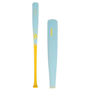 Front view of a light blue baseball bat with yellow accents, showing "PRIME" and "LOUISVILLE SLUGGER" text.