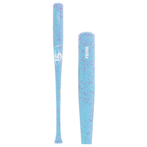Side view of a light blue baseball bat with pink speckles, a white LS logo, and PRIME text on the barrel.
