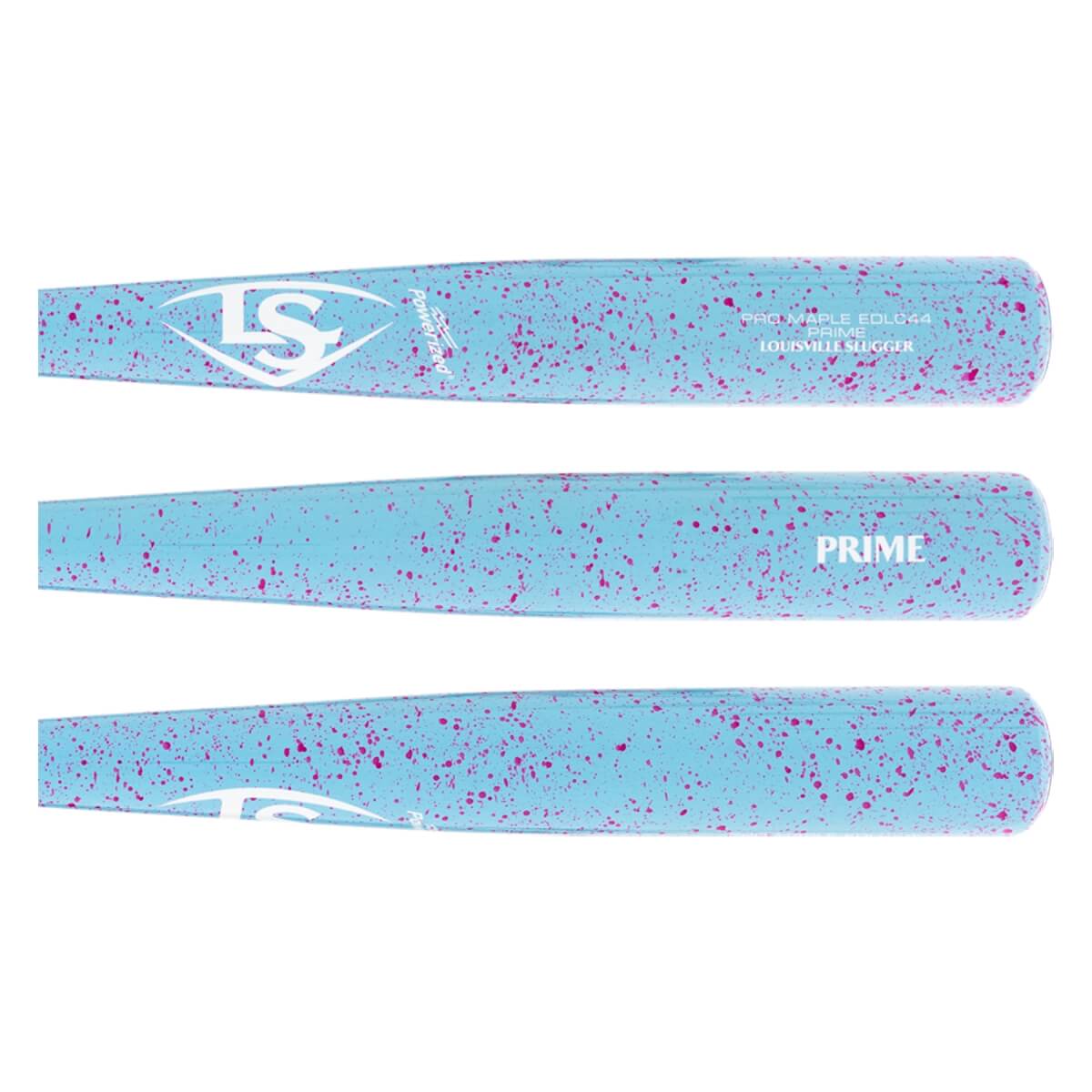 Composite side view of a light blue baseball bat with pink speckles, white LS logo, and Louisville Slugger PRIME text.