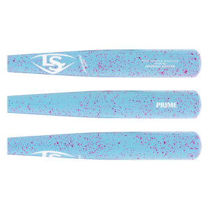 Composite side view of a light blue baseball bat with pink speckles, white LS logo, and Louisville Slugger PRIME text.