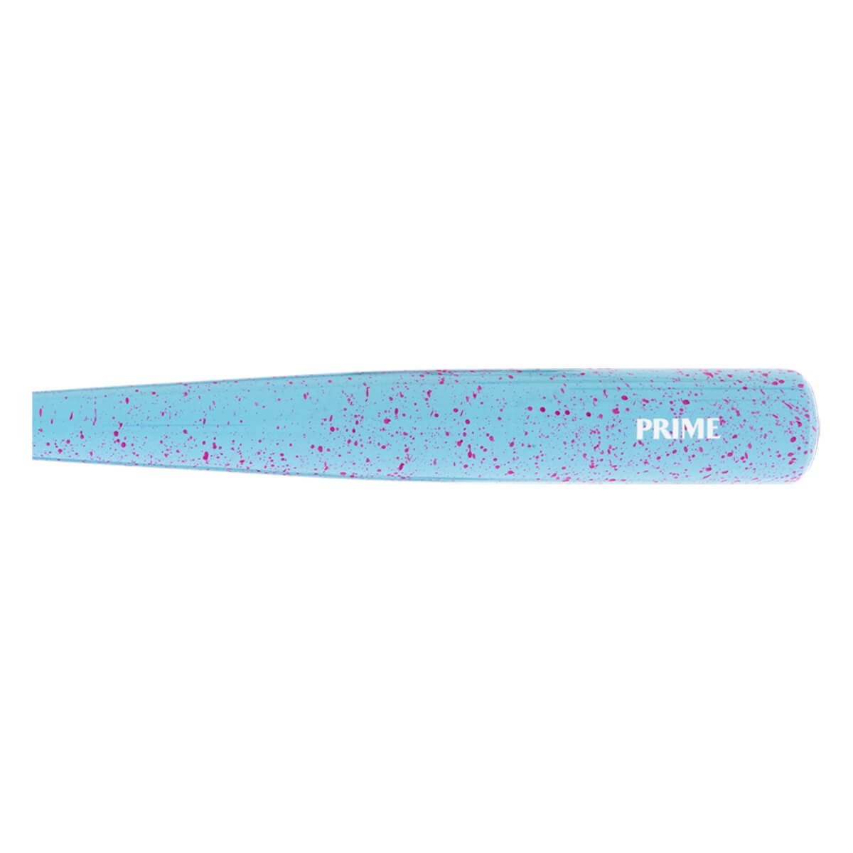 Side view of a light blue baseball bat with pink speckles and PRIME printed in white on the barrel.