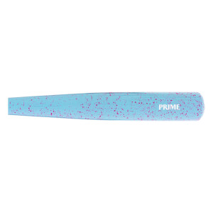 Side view of a light blue baseball bat with pink speckles and PRIME printed in white on the barrel.