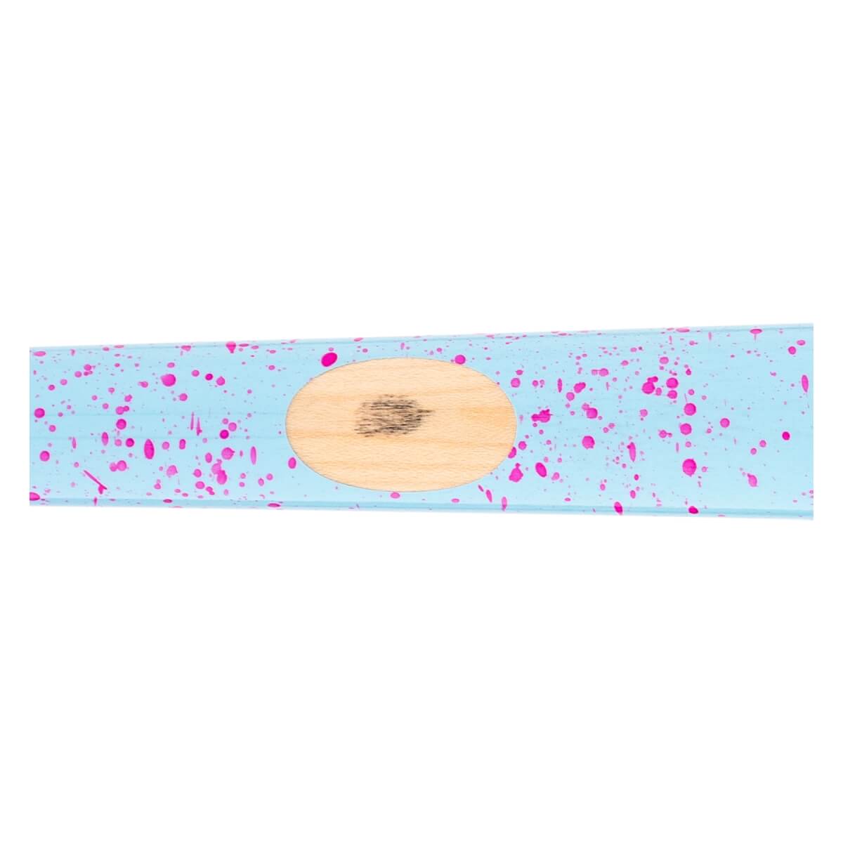 Close-up of a light blue baseball bat section with pink splatter paint and a natural wood oval ink dot.
