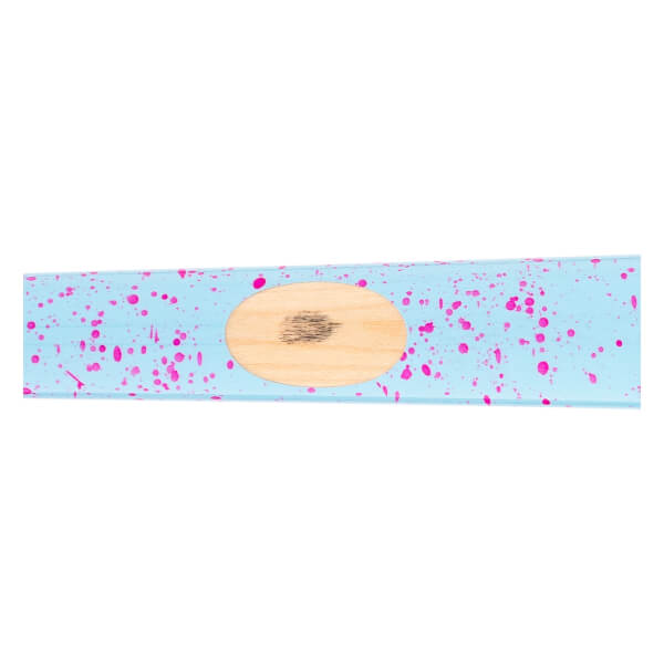 Close-up of a light blue baseball bat section with pink splatter paint and a natural wood oval ink dot.