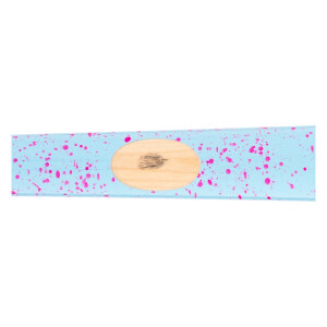 Close-up of a light blue baseball bat section with pink splatter paint and a natural wood oval ink dot.