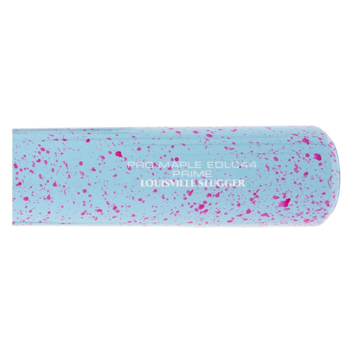 Close-up side view of a light blue baseball bat with pink splatter design and PRO MAPLE LOUISVILLE SLUGGER text.