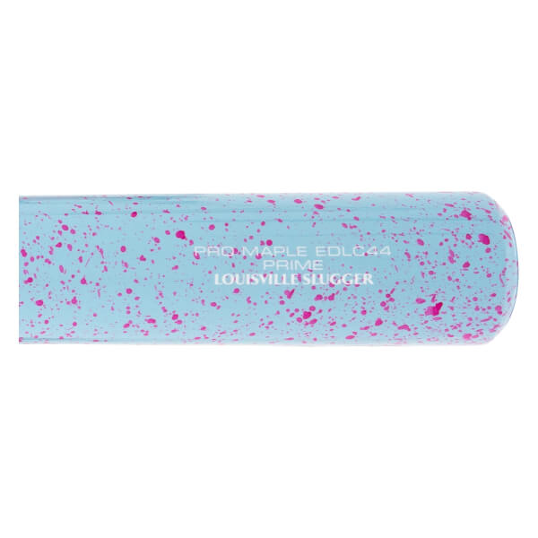 Close-up side view of a light blue baseball bat with pink splatter design and PRO MAPLE LOUISVILLE SLUGGER text.