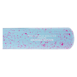 Close-up side view of a light blue baseball bat with pink splatter design and PRO MAPLE LOUISVILLE SLUGGER text.