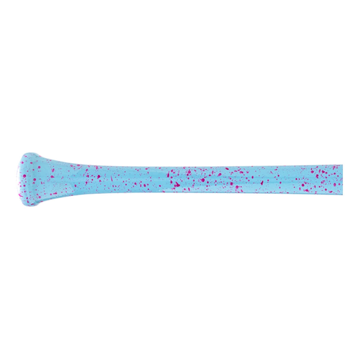 Side view of a light blue baseball bat with a pink speckled design and a flared knob at the handle end.
