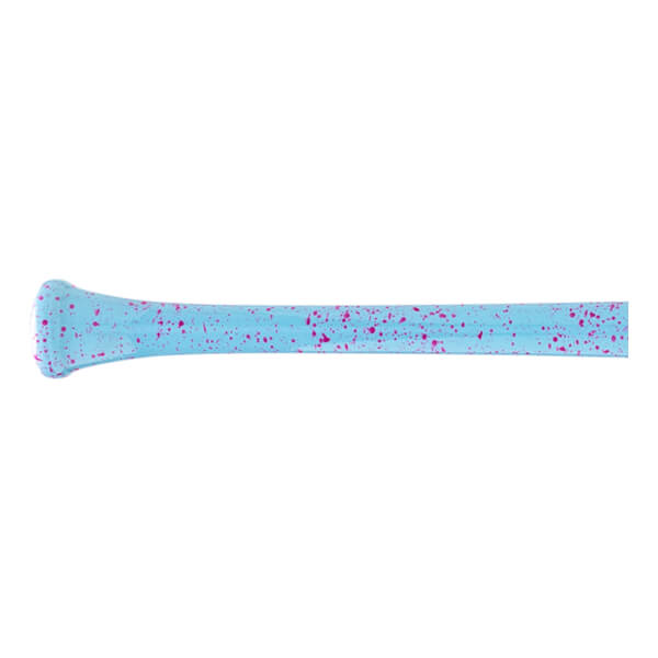 Side view of a light blue baseball bat with a pink speckled design and a flared knob at the handle end.