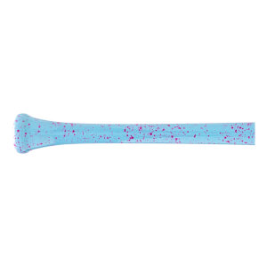 Side view of a light blue baseball bat with a pink speckled design and a flared knob at the handle end.