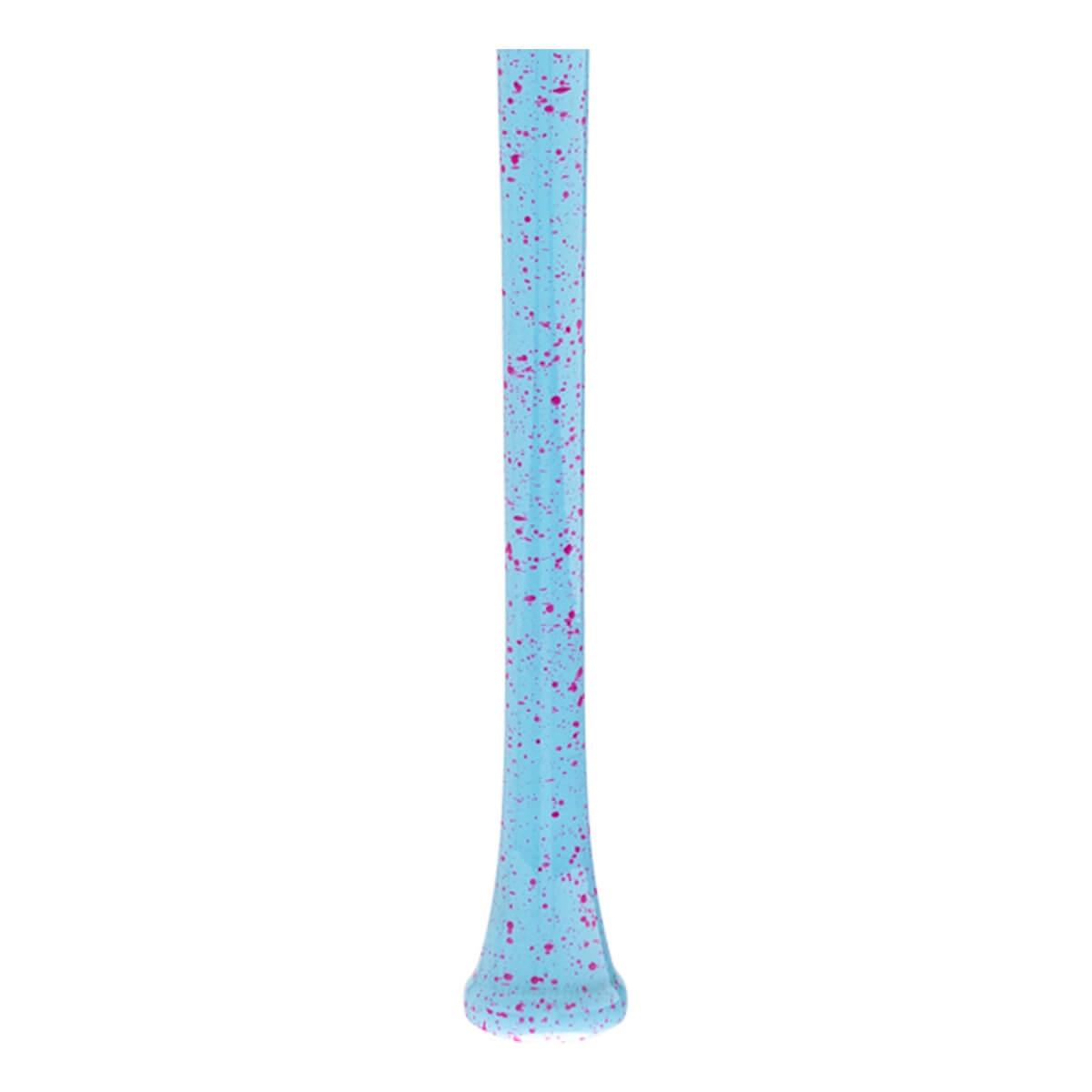 Side view of a light blue baseball bat with pink splatter pattern and flared knob.