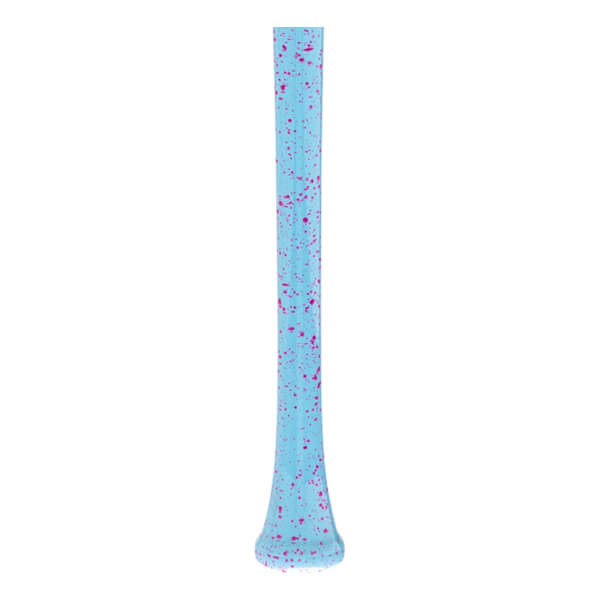 Side view of a light blue baseball bat with pink splatter pattern and flared knob.