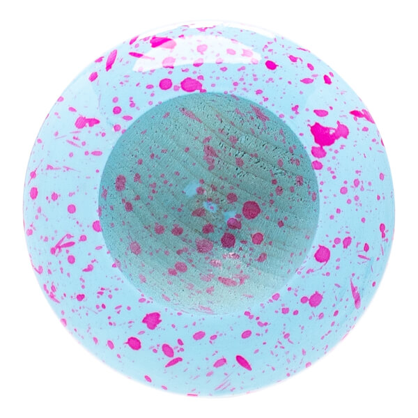 Top-down view of a light blue baseball bat end with vibrant pink paint splatters and a natural wood center.