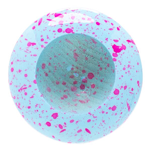 Top-down view of a light blue baseball bat end with vibrant pink paint splatters and a natural wood center.