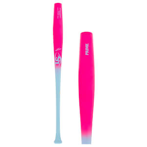 Full and partial views of a pink and light blue gradient baseball bat, with an LS logo and PRIME text.
