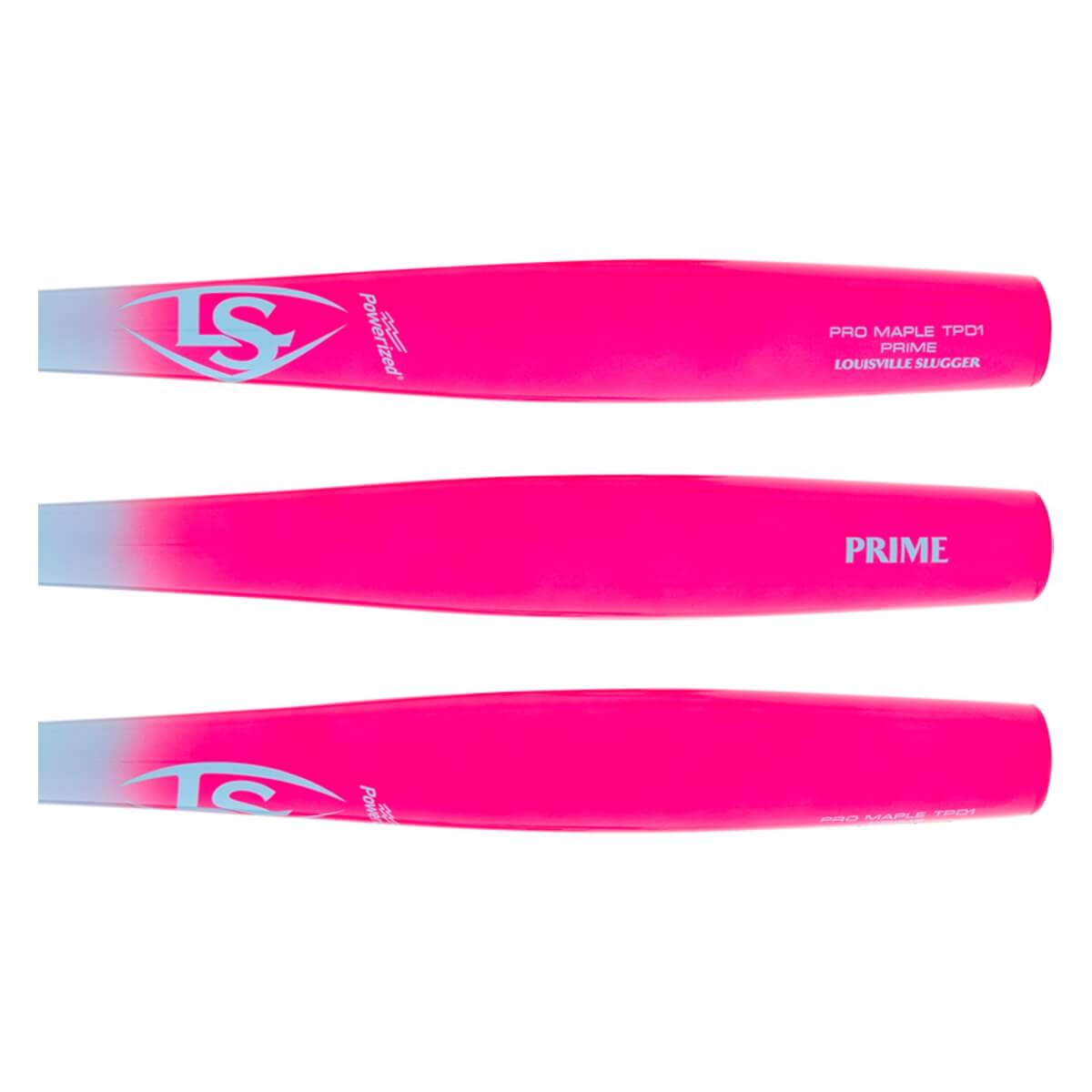 Composite view of a pink and light blue baseball bat with Louisville Slugger logos and PRIME text.