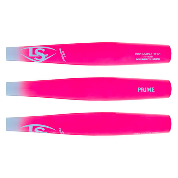 Composite view of a pink and light blue baseball bat with Louisville Slugger logos and PRIME text.