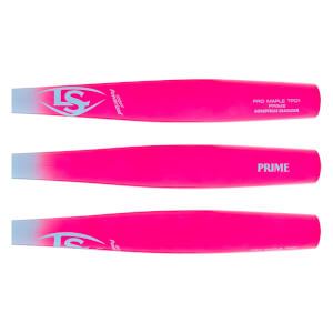 Composite view of a pink and light blue baseball bat with Louisville Slugger logos and PRIME text.