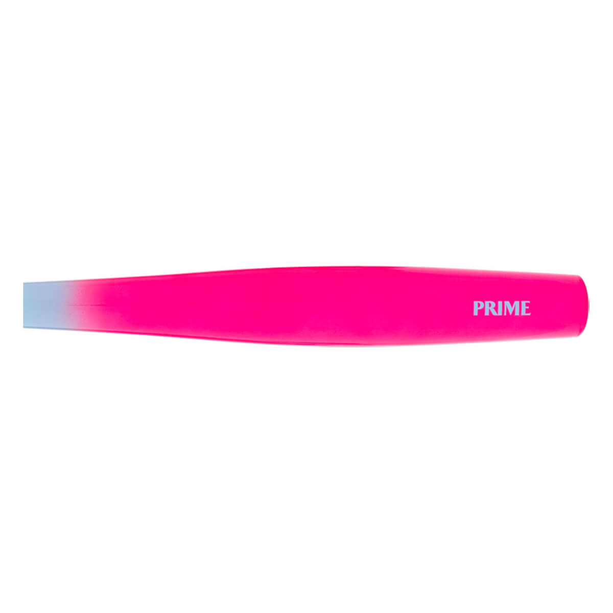 Side view of a pink baseball bat with a light blue tip and PRIME printed on the barrel.
