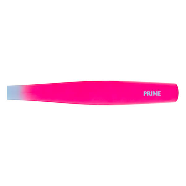 Side view of a pink baseball bat with a light blue tip and PRIME printed on the barrel.