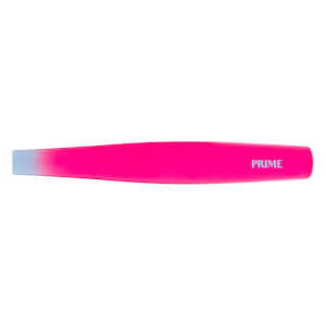 Side view of a pink baseball bat with a light blue tip and PRIME printed on the barrel.