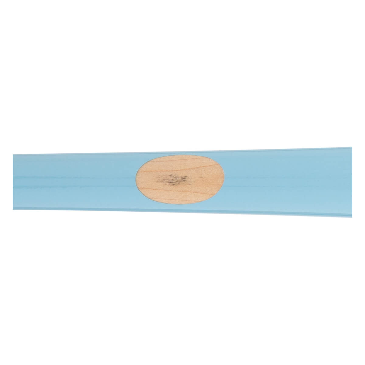 Close-up of a light blue wood baseball bat with an oval natural wood patch and visible grain.