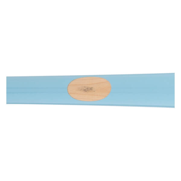 Close-up of a light blue wood baseball bat with an oval natural wood patch and visible grain.