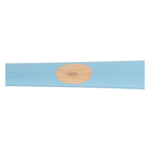Close-up of a light blue wood baseball bat with an oval natural wood patch and visible grain.