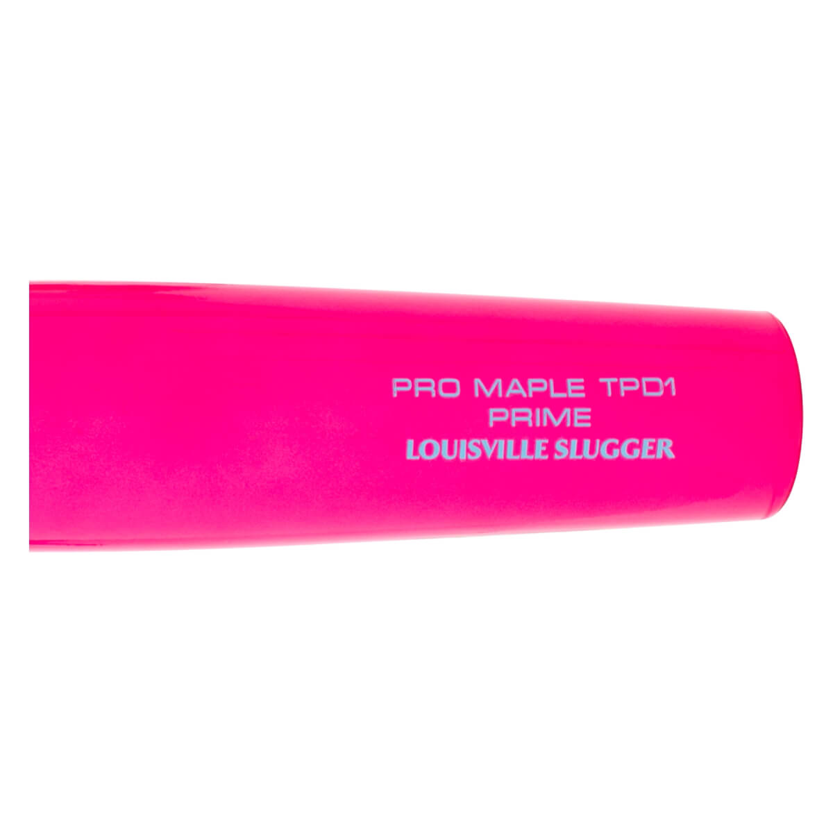 Close-up of a bright pink baseball bat with PRO MAPLE TPD1 PRIME and LOUISVILLE SLUGGER printed in gray.