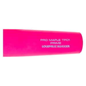 Close-up of a bright pink baseball bat with PRO MAPLE TPD1 PRIME and LOUISVILLE SLUGGER printed in gray.