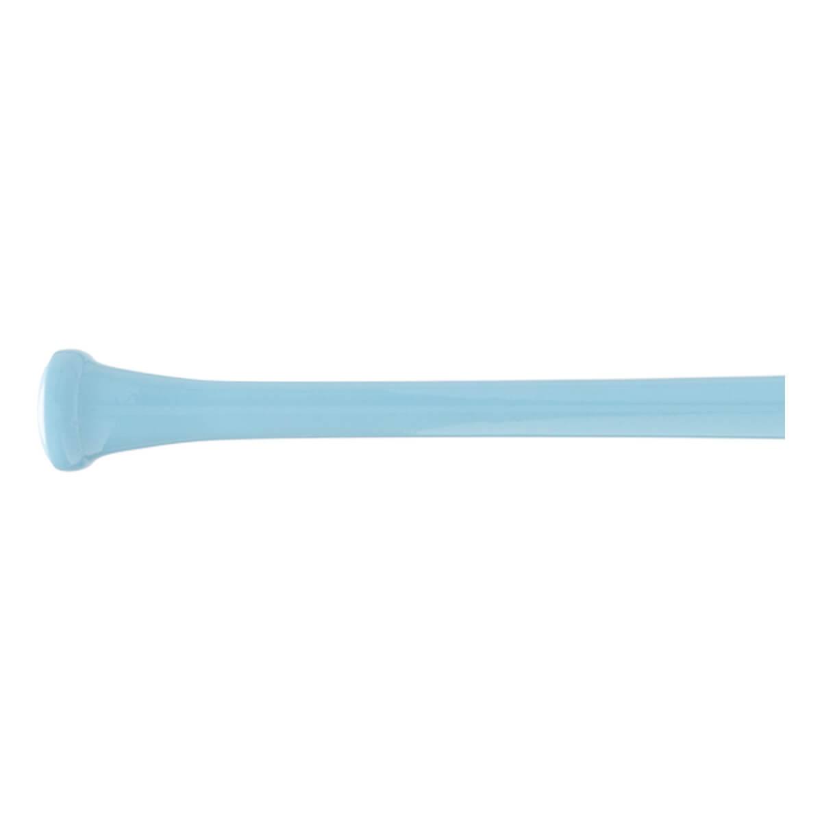 Side view of a light blue baseball bat with a flared knob and a long, cylindrical barrel.