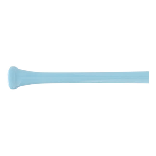 Side view of a light blue baseball bat with a flared knob and a long, cylindrical barrel.
