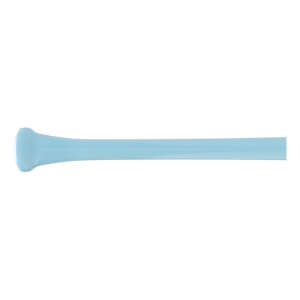 Side view of a light blue baseball bat with a flared knob and a long, cylindrical barrel.