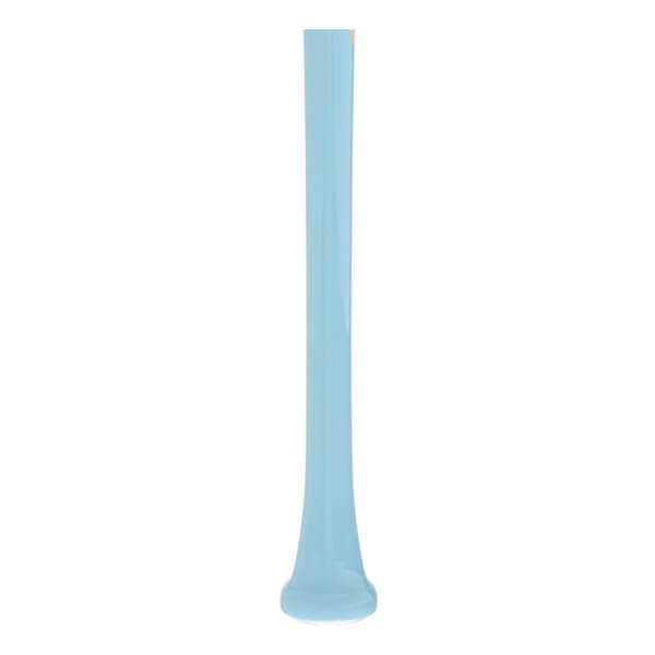 Vertical view of a light blue baseball bat with a glossy finish, tapered shape, and prominent knob.