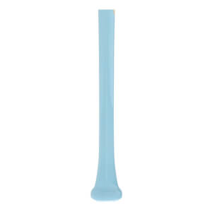 Vertical view of a light blue baseball bat with a glossy finish, tapered shape, and prominent knob.