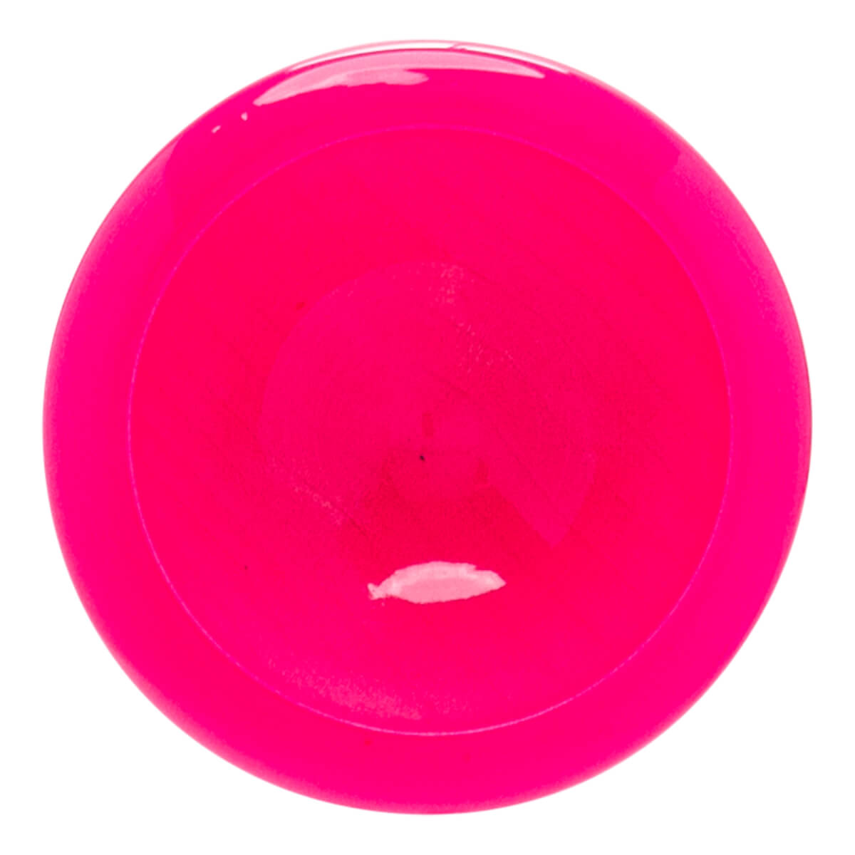 Top-down view of a vibrant pink baseball bat end cap with a glossy finish and a subtle concentric ring.