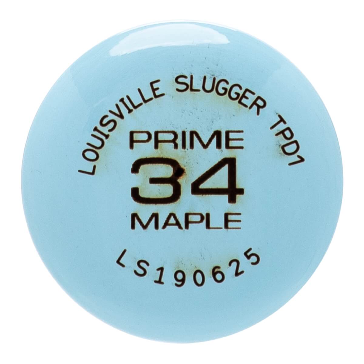 Close-up of end of light blue baseball bat with Louisville Slugger PRIME 34 MAPLE branding and TPD1 text.