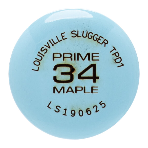 Close-up of end of light blue baseball bat with Louisville Slugger PRIME 34 MAPLE branding and TPD1 text.