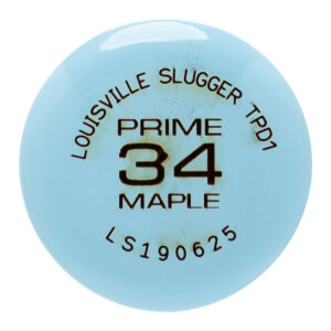 Close-up of end of light blue baseball bat with Louisville Slugger PRIME 34 MAPLE branding and TPD1 text.