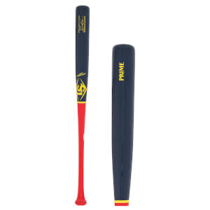 Side view of a navy and red baseball bat with yellow "PRIME" text on the barrel.