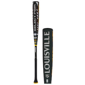 Front view of a Louisville Select PWR baseball bat with camouflage pattern and a star emblem.
