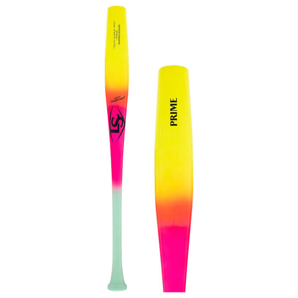Side and barrel views of a yellow, orange, pink, and green fade baseball bat with LS logo and PRIME text.