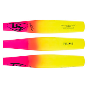 Side view of three fade pink to yellow baseball bats with LS logo, PRIME, and Youth Maple TPD1 text.