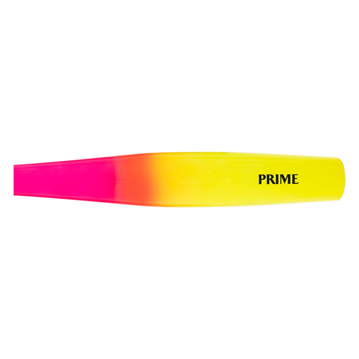 Side view of a pink, orange, and yellow fade baseball bat section with PRIME printed in black on the yellow barrel.