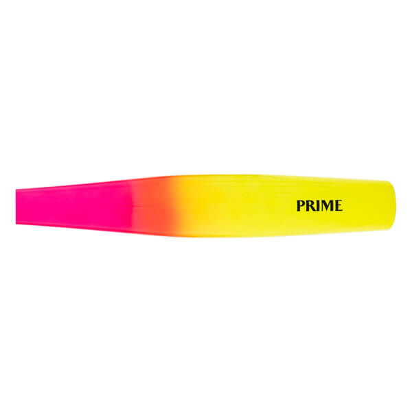 Side view of a pink, orange, and yellow fade baseball bat section with PRIME printed in black on the yellow barrel.
